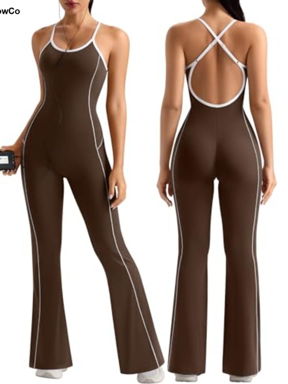 Womens Flare Workout Jumpsuit Scoop Neck Cross Back Padded Yoga Unitard